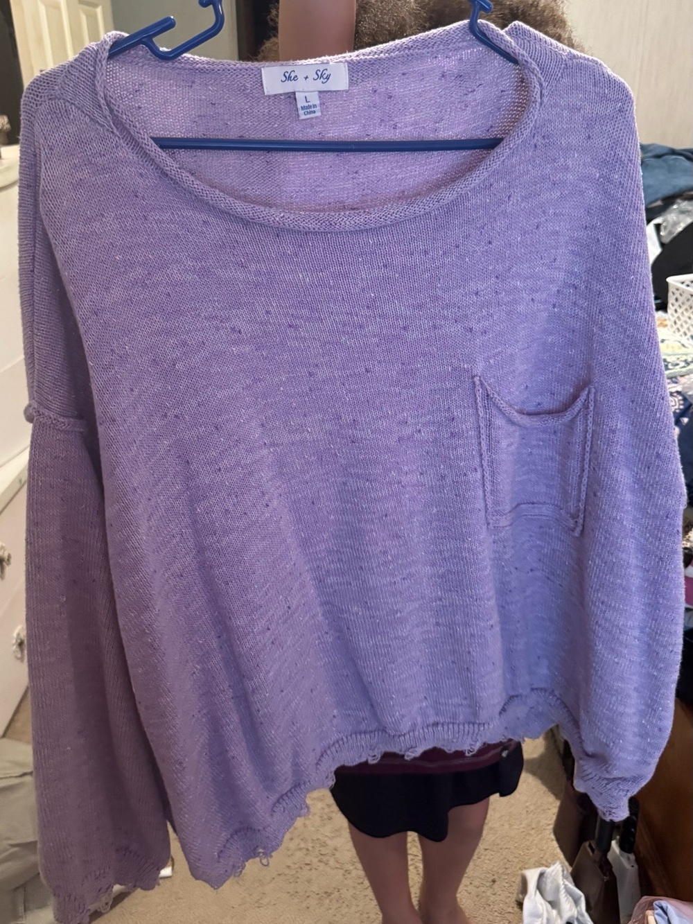 She + Sky Lavender Crewneck Knit Sweater with Pocket Detail